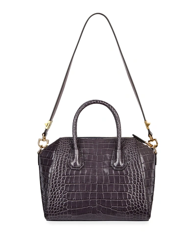 Shop Givenchy Antigona Small Croc-embossed Leather Satchel Bag In Dark Gray