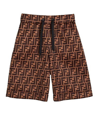 Shop Fendi Boy's Ff-print Drawstring Shorts In Brown