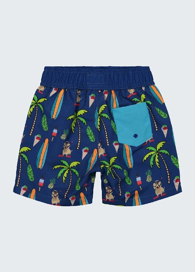 Shop Andy & Evan Boy's Beach Print Swim Shorts In Blue Surf