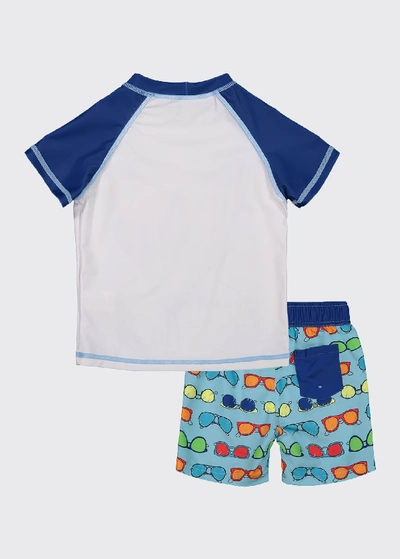 Shop Andy & Evan Boy's Dog Print Short-sleeve Rash Guard W/ Matching Swim Shorts In Light Blue