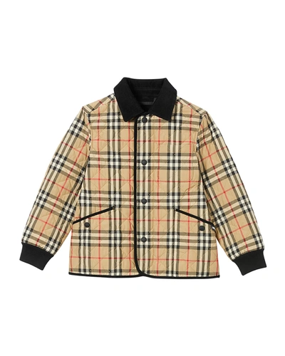 Shop Burberry Boy's Cluford Check Quilted Jacket W/ Corduroy Trim In Beige