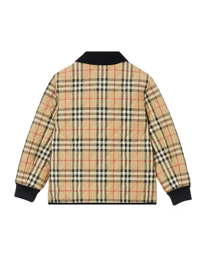 Shop Burberry Boy's Cluford Check Quilted Jacket W/ Corduroy Trim In Beige