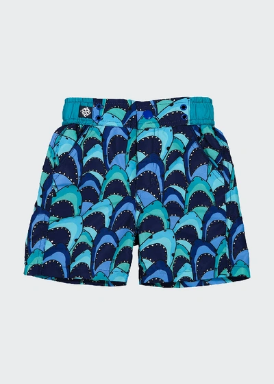 Shop Andy & Evan Boy's Shark Print Swim Bottoms In Aqua Shark