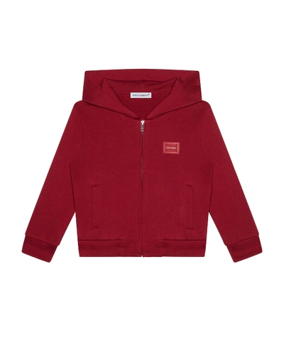 Shop Dolce & Gabbana Kid's Logo Patch Zip-up Hooded Jacket In Dark Red