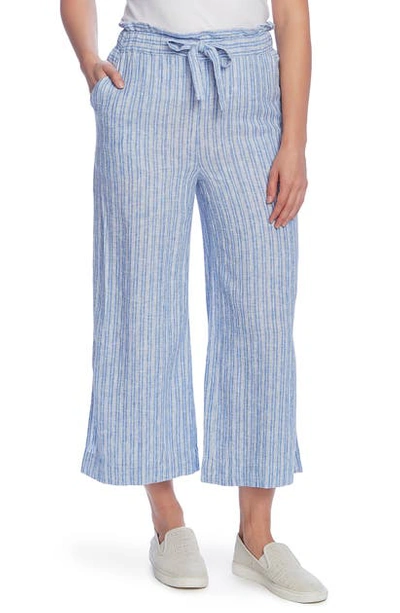 Shop Vince Camuto Tranquil Stripe Crop Wide Leg Linen Blend Pants In Lake