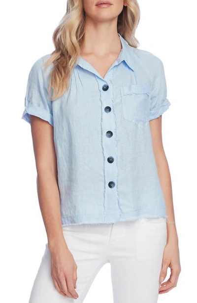 Shop Vince Camuto Button Up Linen Shirt In Blue Bird
