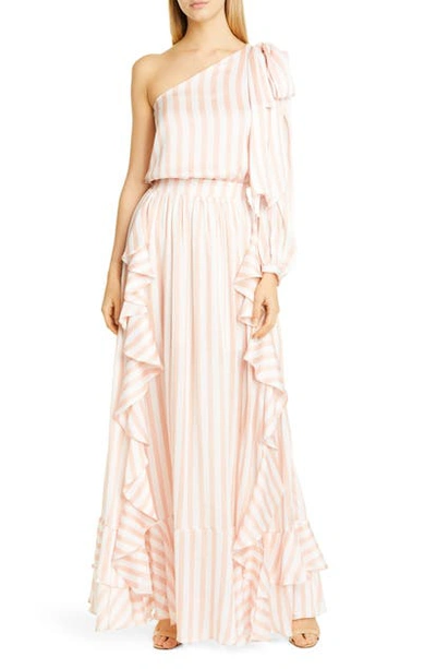 Shop Patbo Patricia Bonaldi Cabana One-shoulder Ruffle Gown In Pink/ White