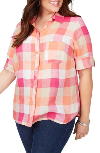 Shop Foxcroft Tamara Boardwalk Check Linen Shirt In Cabana Pink