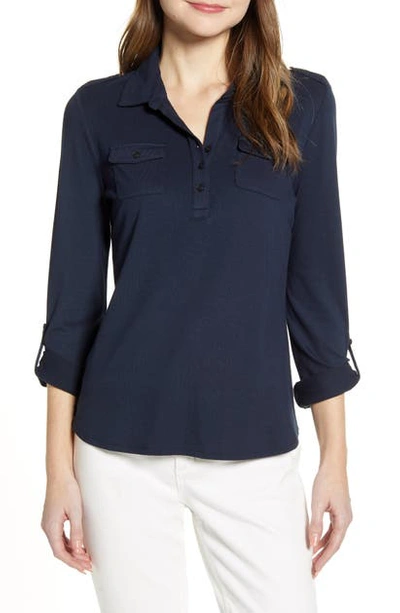 Shop Tommy Hilfiger Roll Tab Knit Popover Shirt In Sky Captain