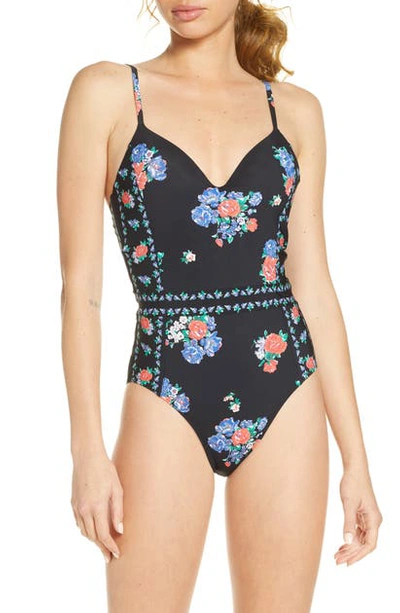 Shop Tory Burch Floral Print Underwire One-piece Swimsuit In Tea Rose / Heirloom Stripe