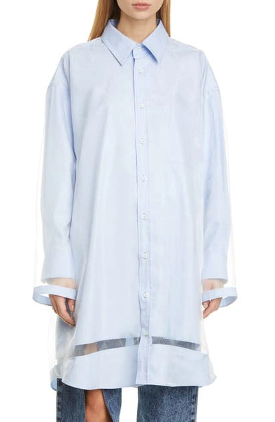 Shop Maison Margiela Organza Overlay Long Sleeve Button-up Shirt In White Light Blue