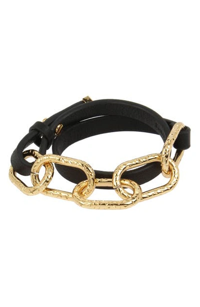 Shop Allsaints Link & Leather Wrap Bracelet In Black/ Gold