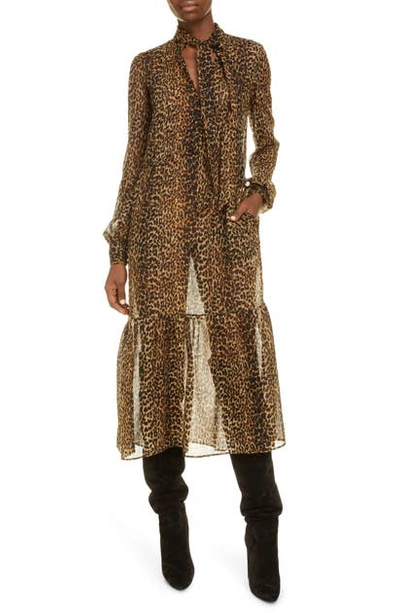Shop Saint Laurent Long Sleeve Leopard Print Silk Midi Dress