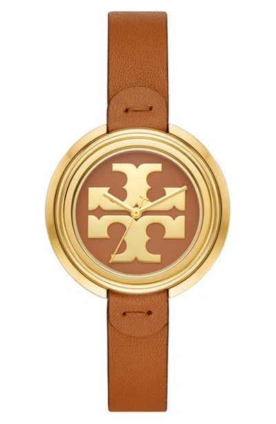 Shop Tory Burch The Miller Leather Strap Watch, 36mm In Brown/ Gold