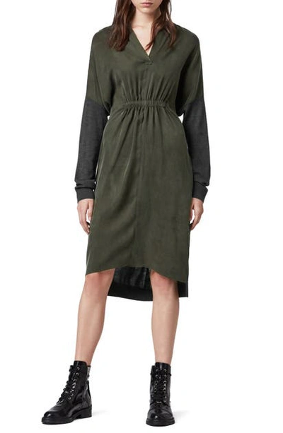 Shop Allsaints Lorca Merino Wool Blend Long Sleeve Dress In Charcoal/ Military Green