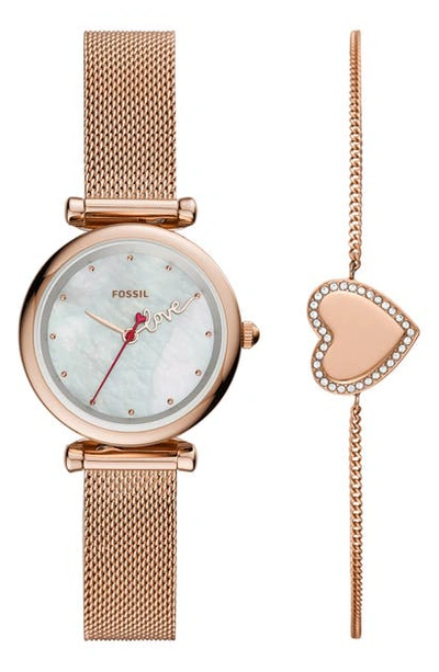 Shop Fossil Carlie Mini Love Mesh Strap Watch & Heart Bracelet Set In Rose Gold/ White/ Rose Gold