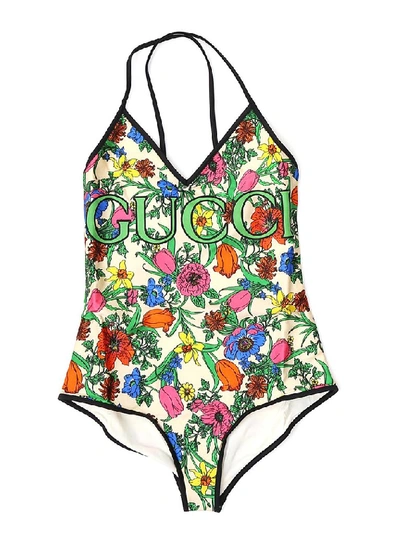 Shop Gucci Floral Print Swimsuit In Multi