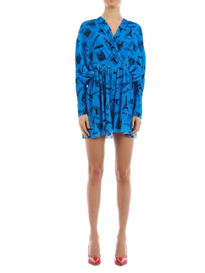 Shop Balenciaga Printed Mini Dress In Blue