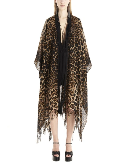 Shop Saint Laurent Fringed Leopard Print Poncho In Multi