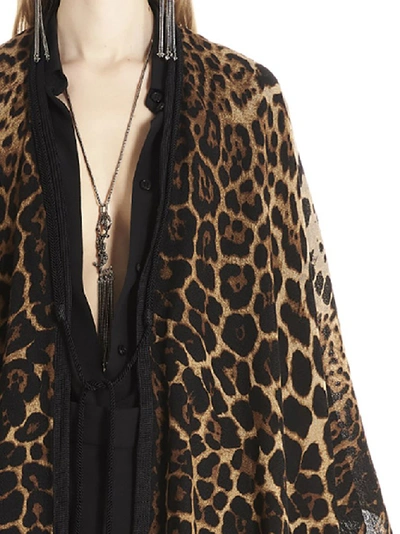 Shop Saint Laurent Fringed Leopard Print Poncho In Multi