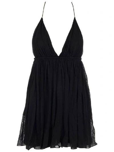 Shop Saint Laurent Pleated Plunge Neckline Mini Dress In Black