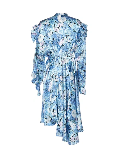 Shop Balenciaga Floral Print Ruffled Dress In Blue