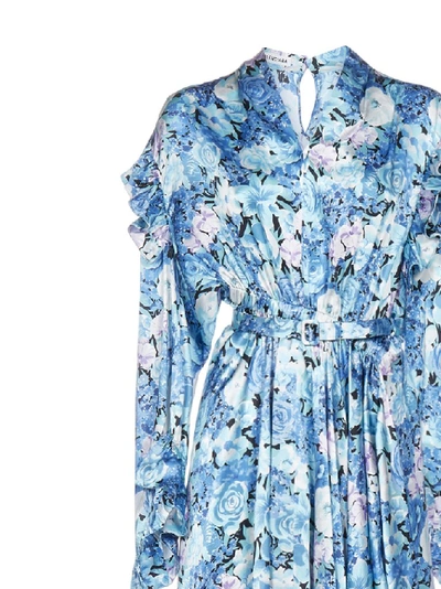 Shop Balenciaga Floral Print Ruffled Dress In Blue