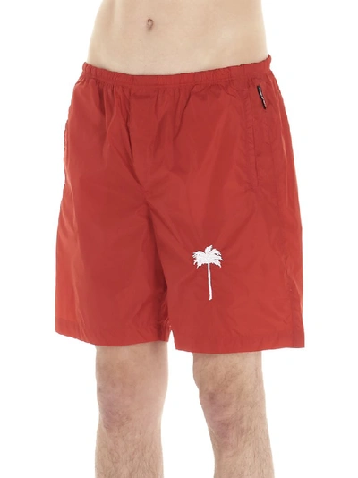 Shop Palm Angels Embroidered Palm Tree Swim Shorts In Red