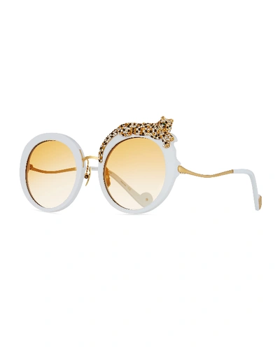 Shop Anna-karin Karlsson Rose Et La Roue Round Crystal-embellished Leopard Sunglasses In Black/black