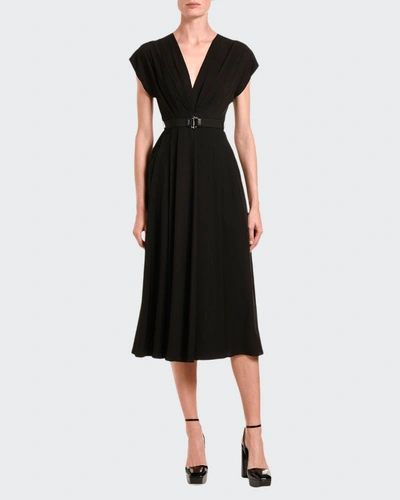 Shop Prada Belted Fluid-twill Midi Dress In Black