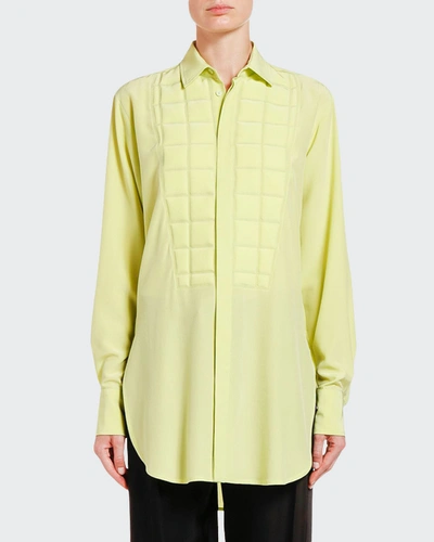 Shop Bottega Veneta Silk Button-front Shirt W/ Quilted Bib In Bright Yellow