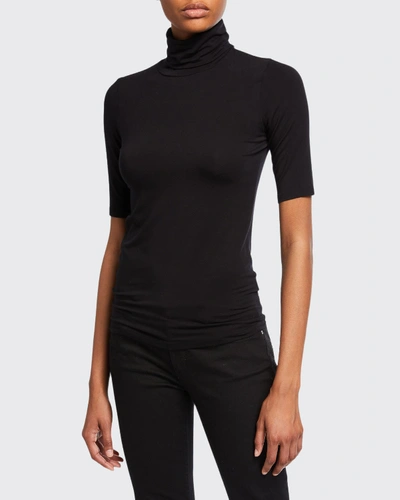 Shop Majestic Soft Touch Elbow-sleeve Turtleneck Top In Noir