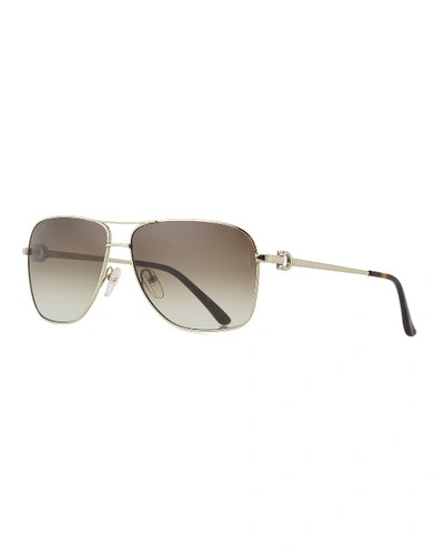 Shop Ferragamo Men's Signature Metal Navigator Sunglasses In Shiny Gold