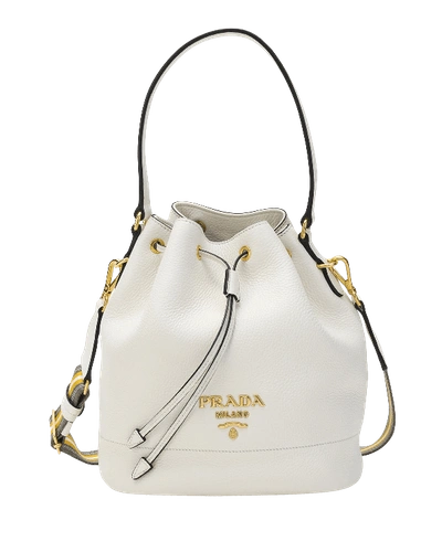 Shop Prada Daino Bucket Bag W/ Removable Web & Leather Straps In White