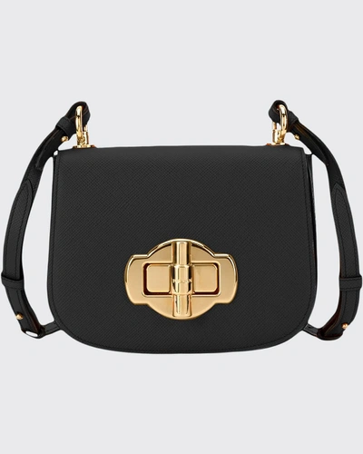 Prada Pattina Saffiano Leather Crossbody Saddle Bag In Black