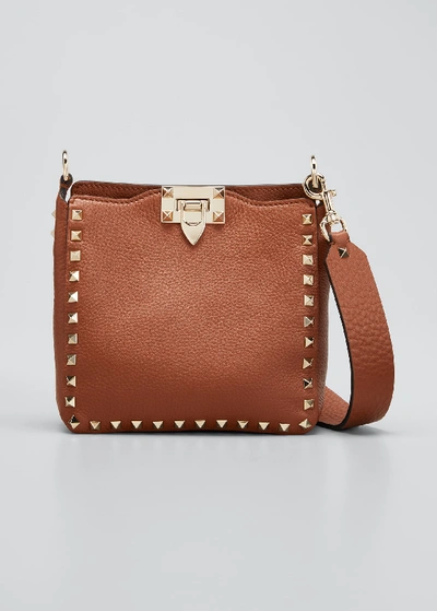 Shop Valentino Rockstud Mini Vitello Stampa Leather Hobo Bag In Brown
