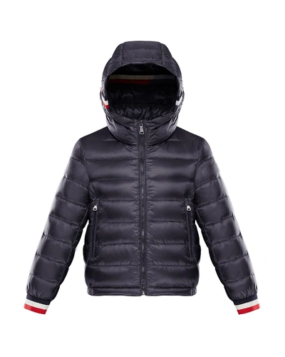 Shop Moncler Giroux Quilted Hooded Jacket W/ Striped Trim In Blue