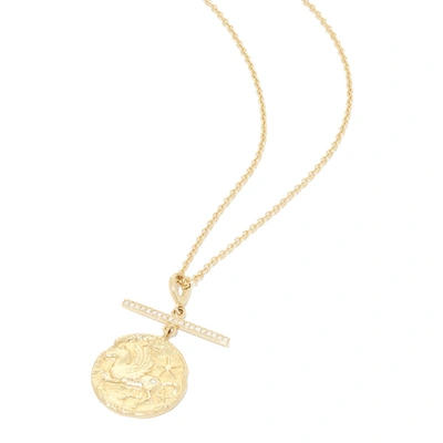 Shop Azlee Pegasus Coin With Diamond Bar Necklace In Yellow Gold/diamond