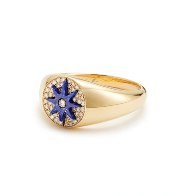 Shop Colette Jewelry Star Signet Lapiz Ring In Yellow Gold/lapis Blue/white Diamond
