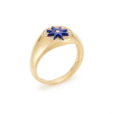 Shop Colette Jewelry Star Signet Lapiz Ring In Yellow Gold/lapis Blue/white Diamond