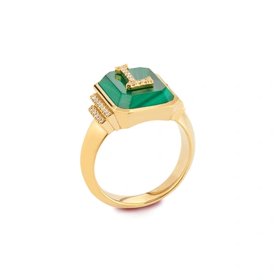 Shop Sorellina Customizable Monogram Malachite Signet Ring In Yellow Gold/green