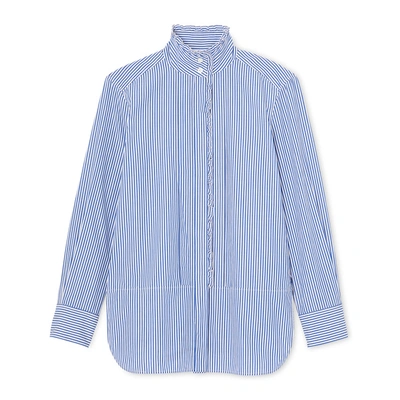 Shop G. Label Bessie Pleat-collar Button-down Shirt In White/navy Stripe