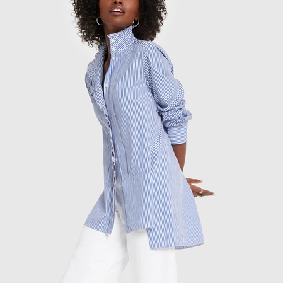 Shop G. Label Bessie Pleat-collar Button-down Shirt In White/navy Stripe