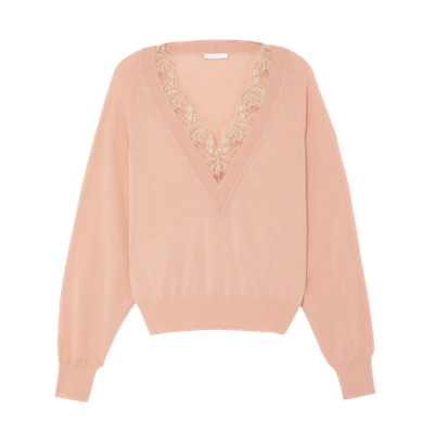 Shop Chloé Lace-trim V-neck Sweater In Milky Pink