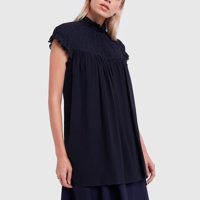 Shop Chloé Smocked Silk Tunic In Anthracite Blue