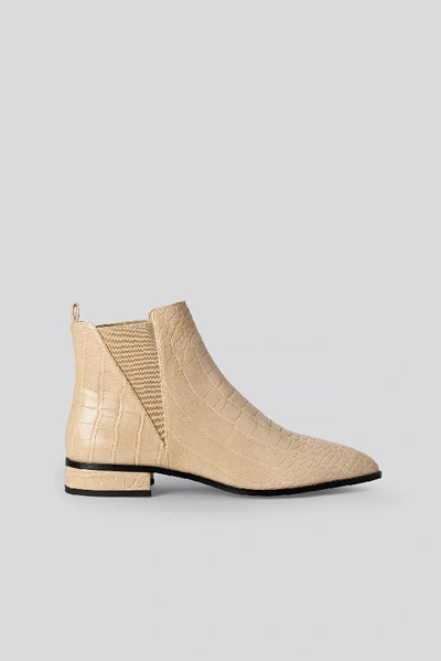 Shop Na-kd Low Pointy Chelsea Boots Beige In Glossy Beige Croc