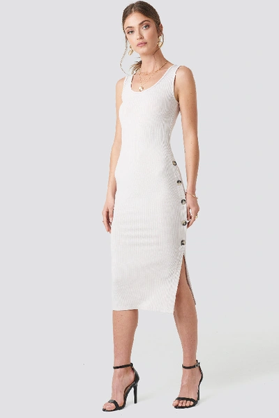 Shop Na-kd Side Button Ribbed Dress White In Light Beige