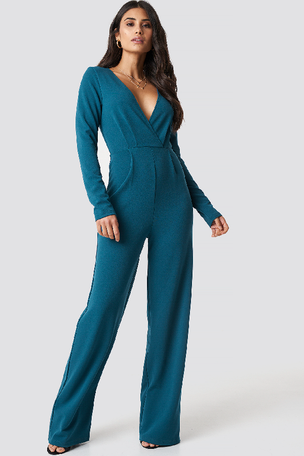 wrap front jumpsuit with long sleeves
