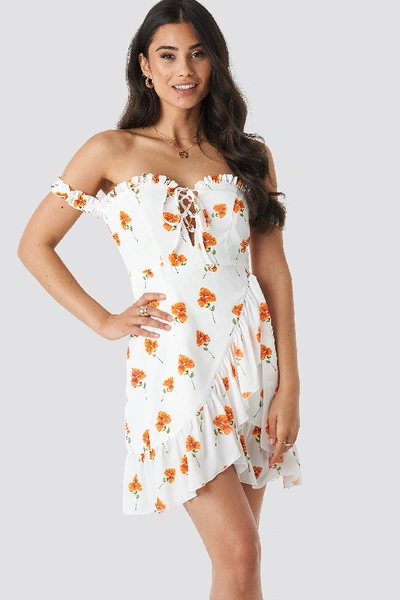 Shop Adorable Caro X Na-kd Off Shoulder Frill Dress - White In Orange Flower