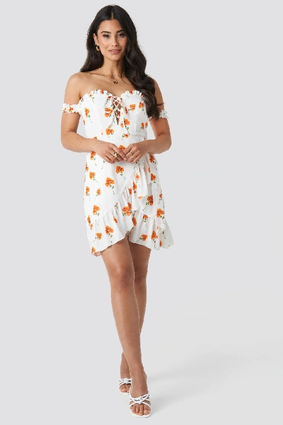 Shop Adorable Caro X Na-kd Off Shoulder Frill Dress - White In Orange Flower